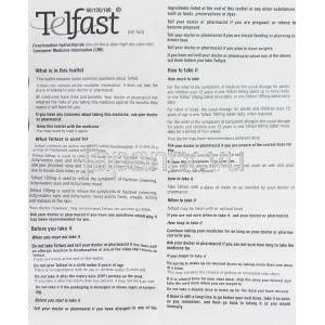 テルファースト Telfast, 塩酸フェキソフェナジン 60mg 錠 (Aventis/アベンティス社) 情報シート1