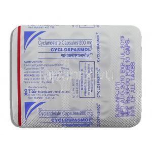 シクランデレート, Cyclospasmol,  200mg カプセル (Elder Pharma) 包装裏面