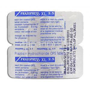 プラゾプレスXL Prazopress XL 2.5, Generic Prazosin, ミニプレス ジェネリック, プラゾシン 2.5mg 錠  (Sun Pharma) 包装裏面