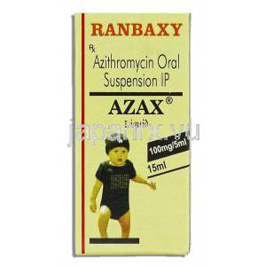 アザックス Azax Liquid, ジスロマックス ジェネリック, アジスロマイシン 15ml 100mg/5ml 内服液 (Ranbaxy) 箱