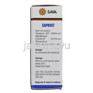 キサプロスト Xaprost, トラバタン ジェネリック, トラバプロスト 0.004% x 2.5 ml 点眼薬 (Sava medica) 箱裏面