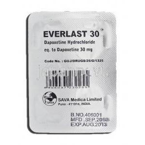 エバーラスト30 Everlast-30, プリリジー ジェネリック, ダポキセチン, 30mg, 錠 包装裏面