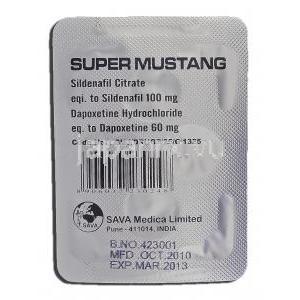 スーパームスタン Super Mustang, シルデナフィル／ダポキセチン, 100mg  60mg, 錠剤 包装裏面