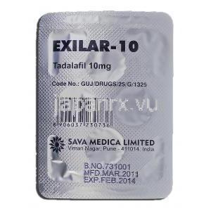 エクシラー-10 Exilar-10, シアリス ジェネリック, タダラフィル, 10mg, 錠 包装裏面