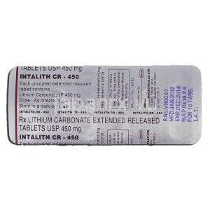 インタリスCR-450  Intalith CR-450, リーマス ジェネリック, 炭酸リチウム, 450mg, 錠 包装裏面