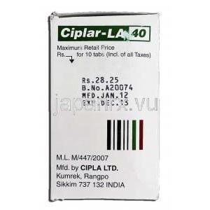 シプラーLA40 Ciplar-LA 40, インデラル ジェネリック, プロプラノロール 40mg, 持続型錠 製造者情報