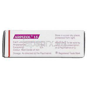 アルピゾル15 Arpizol 15, アビリファイ ジェネリック, アリピプラゾール 15mg, 錠 箱側面