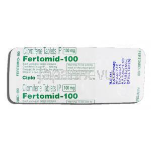フェルトミッド-100 Fertomid-100, クロミッド ジェネリック, クロミフェン 100mg, 錠 包装裏面
