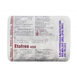 エトフリー Etofree, オステラック/ハイペン, エトドラク, 400 mg, 錠, 包装裏面