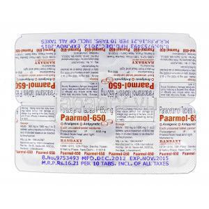 ファアモル-650 Paarmol-650, アセトアミノフェン ジェネリック, ファラセタモール, 650 mg, 錠, 包装裏面