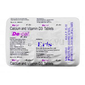 デ-カル De-cal, カルシマックス ジェネリック, カルシウム500mg Vitamin D3 250 iu, 錠, 包装裏面
