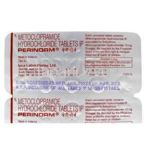 ペリノーム Perinorm, レグラン ジェネリック, メトクロプラミド 10 mg 錠, 包装裏面