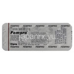 レトロゾール(フェマーラ ジェネリック), Fempro, 2.5mg 錠 (Cipla) 包装裏面