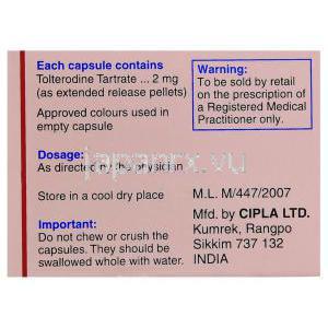 デトルシトールカプセルジェネリック, 酒石酸トルテロジン   2 mg箱 情報