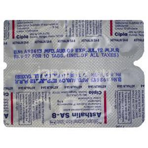 アスタリン Asthalin, 硫酸サルブタモール 8mg 錠 (Cipla) 包装裏面