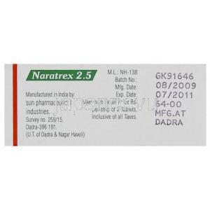 ナラトレックス, ナラトリプタン 2.5mg 錠 (Sun Pharma) 製造者情報