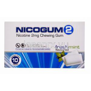 Nicogum 2,ニコチン代替療法用ガム 2mg, ミント味，箱表面
