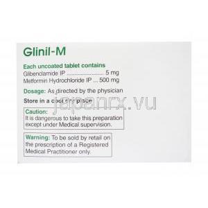 Glinil-M, グルコバンス ジェネリック,  グリベンクラミド / メトホルミン 配合 錠, 箱裏面情報,使