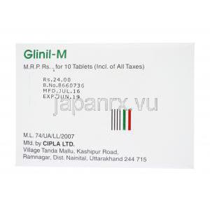 Glinil-M, グルコバンス ジェネリック,  グリベンクラミド / メトホルミン 配合 錠, 箱側面,製造元