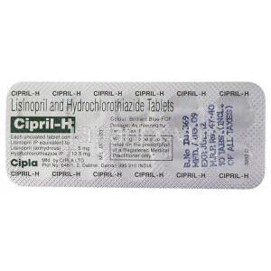 リシノプリル / ヒドロクロロチアジド配合, Cipril-H, 5mg/12.5mg 錠 (Cipla) 包装裏面