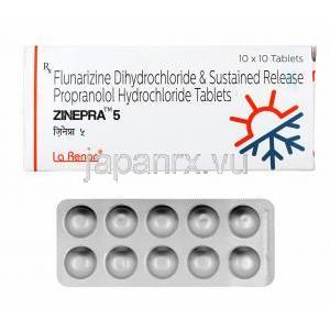 ジネプラ (プロプラノロール/ フルナリジン) 5mg, 箱,錠剤