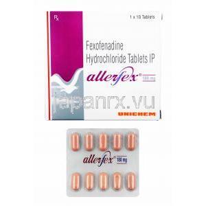 アレルフェックス (フェキソフェナジン) 180mg 箱、錠剤
