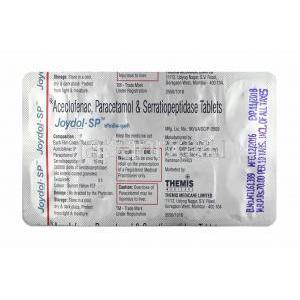 ジョイドル SP (アセクロフェナク/ アセトアミノフェン/ セラチオールペプチダーゼ) 錠剤裏面