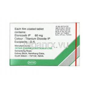 ヌレートー, エトリコキシブ, 60 mg,錠剤, 箱裏面情報