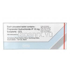 プロバノール（プロプラノロール） 10 mg,錠剤, 箱裏面情報