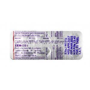 ゼン, カルバマゼピン 200 mg, 錠剤,シート情報
