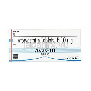 アヴァス,アトルバスタチン  10 mg, 錠剤, 箱表面