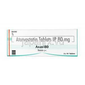 アヴァス,アトルバスタチン  80 mg, 錠剤, 箱表面