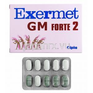 エグザメット GM (グリメピリド 2mg/ メトホルミン 1000mg) 箱、錠剤