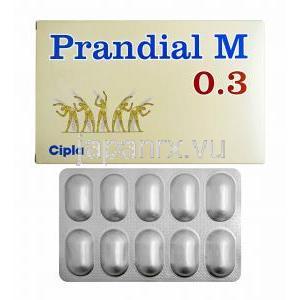 プランディアル M (メトホルミン/ ボグリボース 0.3mg) 箱、錠剤
