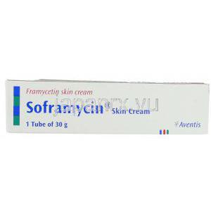 フラマイセチン, Soframycin, 1% 30グラム Skin クリーム (Aventis) 箱