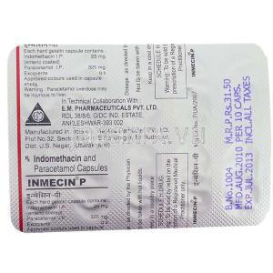 インドメタシン / アセトアミンフェン, Inmecin-P,  25MG/ 325MG カプセル (E.M. Pharma) 包装裏面