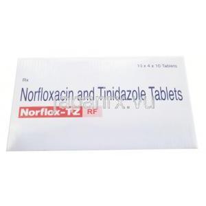 ノルフロックス TZ, チニダゾール 600mg/ ノルフロキサシン 400mg/ 乳酸菌 1億2千万個, 製造元：Cipla 箱上面