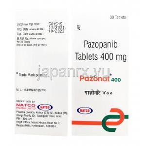 パゾナート, パゾパニブ 400mg,30錠,製造元：Natco Pharma, 箱情報