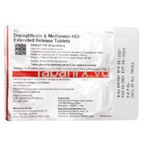 シグデュオ, ダパグリフロジン 10mg/ メトホルミン 1000mg 7 錠 (ER錠), 製造元：AstraZeneca, シート情報