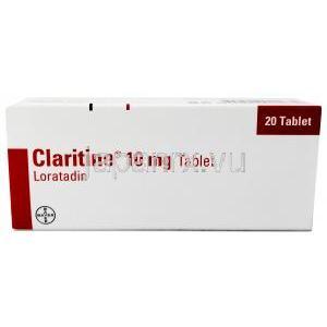 クラリチン,ロラタジン 10mg, 20錠, 製造元：バイエル(Bayer) , 箱表面