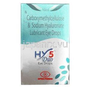 エイチワイ 5 デュオ 点眼薬, カルボキシメチルセルロース 1.0% w/v / ヒアルロン酸ナトリウム 0.1% w/v, 点眼薬 10mL, 製造元：Optho Pharma Pvt Ltd, 箱表面