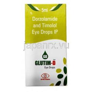 グルチム D 点眼薬,ドルゾラミド  2%w/v / チモロール 0.5% w/v, 点眼薬 5mL, 製造元：Optho Pharma Pvt Ltd, 箱表面