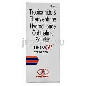 Tropac P Eye Drop, Tropicamide 0.8%/ Phenylephrine 5%, Eye Drops 5mL, Optho Pharma, Box front view