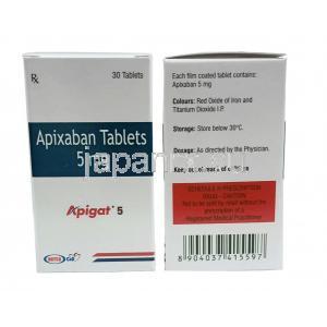 Apigat, Apixaban 5mg, 30tabs, Natco Pharma, Box front and back view