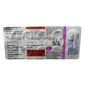 デュライト プラス, スピロノラクトン 50 mg / トラセミド 10 mg, 錠剤,製造元：Leeford healthcare, シート情報