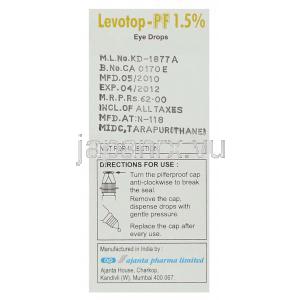 レボフロキサシン, Levotop-PF, 1.5% w/v  5ML 点眼薬 (Ajanta pharma) 使用方法