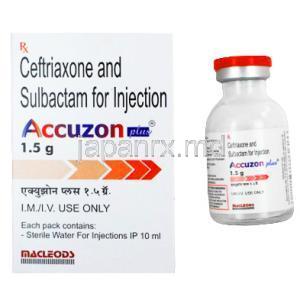 Accuzon Injection, Ceftriaxone 1.5g, Macleods Pharmaceuticals Pvt Ltd, box and vial front presentation