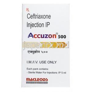 Accuzon Injection, Ceftriaxone 500mg, Macleods Pharmaceuticals Pvt Ltd, box front presentation