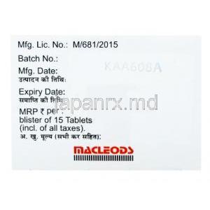 アムロバス,  アムロジピン 2.5mg 錠剤,製造元： Macleods Pharmaceuticals Pvt Ltd, 箱裏面情報