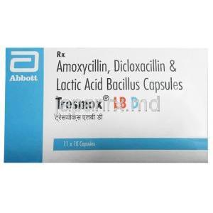 トレスモックス LB D, アモキシシリン 250 mg/ ジクロキサシリン 250 mg/ 乳酸菌 250億個 ,製造元： Abbott, 箱表面